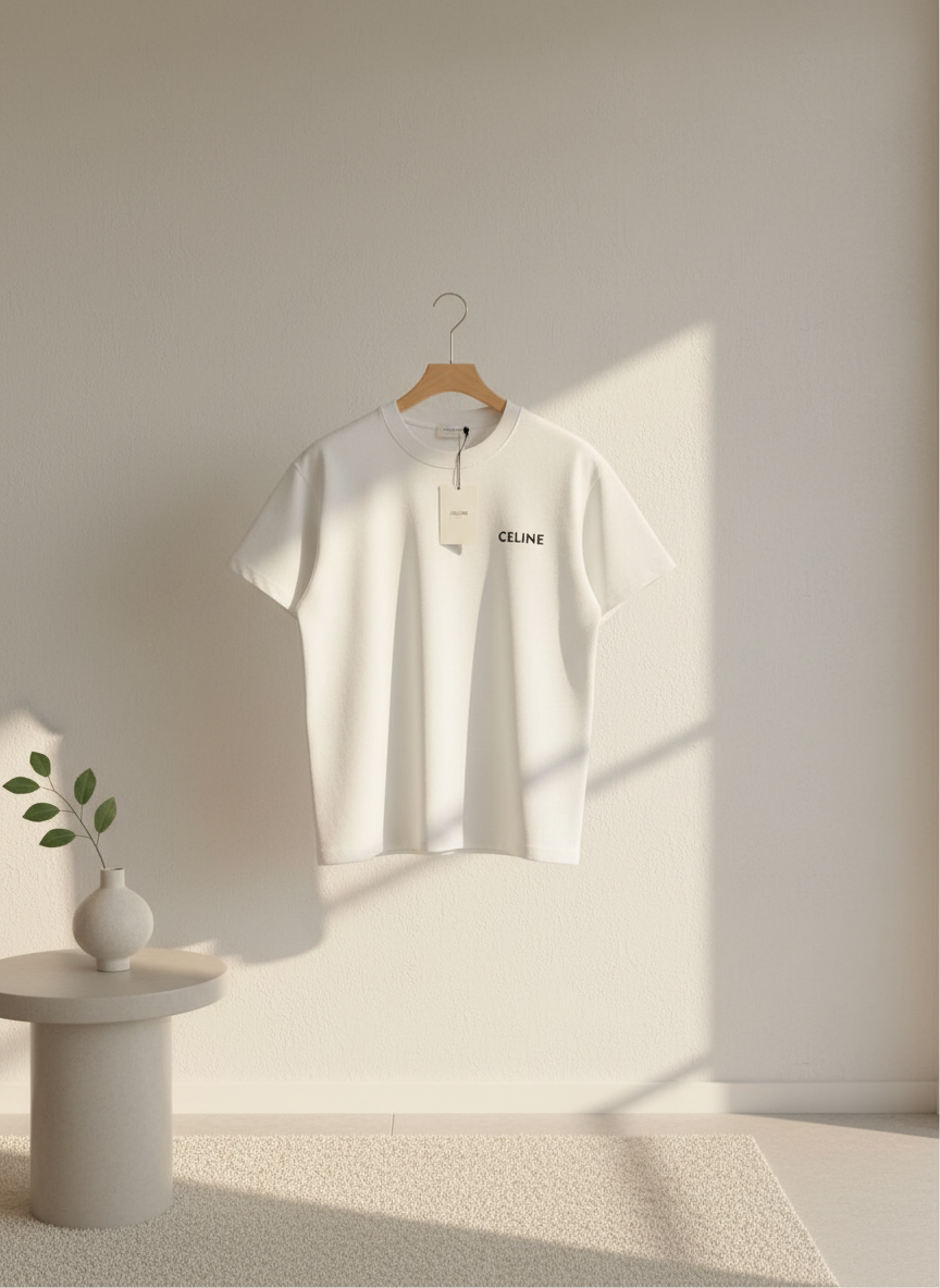 CELINE White Cotton Logo T-Shirt Unisex Casual Top