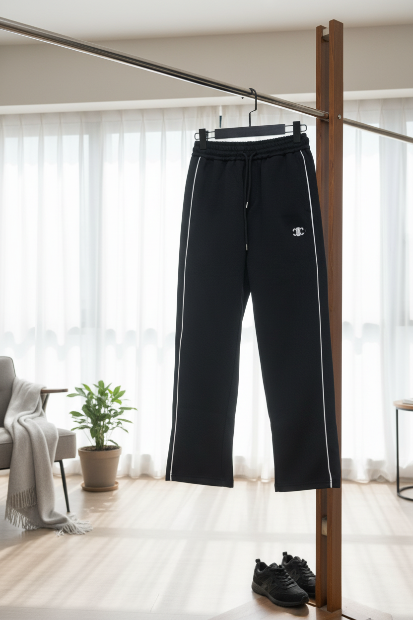CELINE Black Drawstring Pants White Piping Trousers