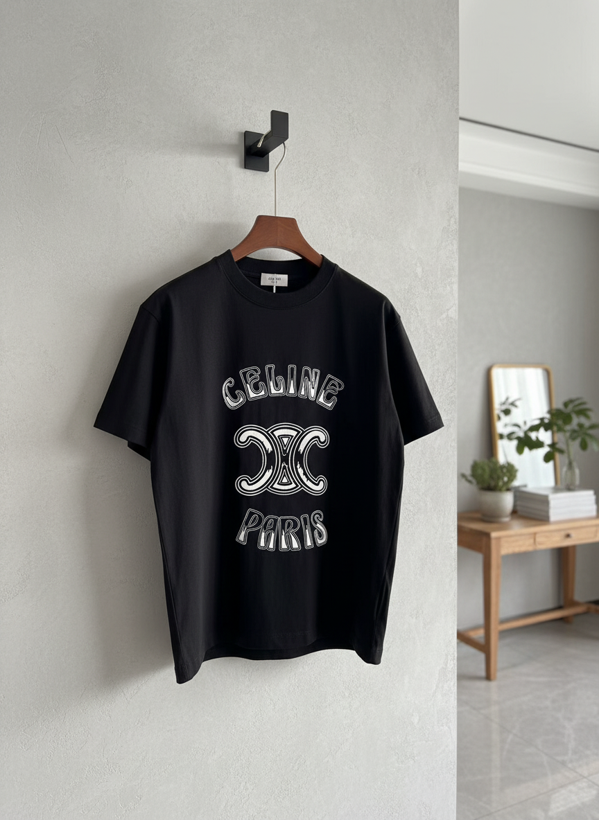 CELINE Paris Black Logo Cotton T-Shirt Unisex Fashion Top