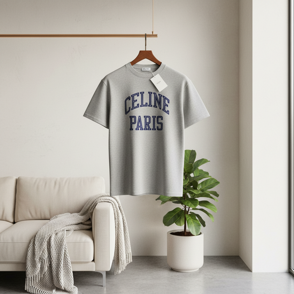 CELINE Paris Gray Cotton Logo T-Shirt