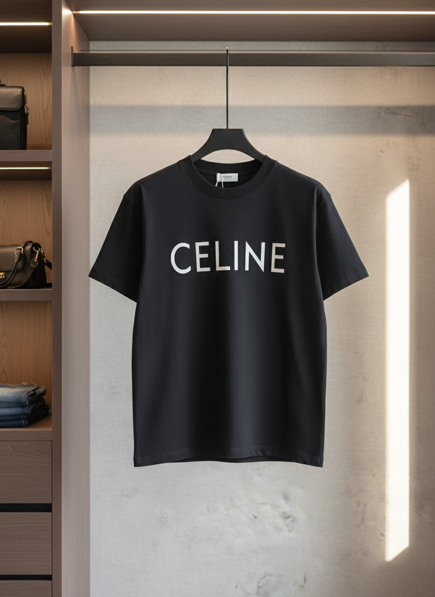 CELINE Black Cotton Logo T-Shirt Casual Luxury Tee