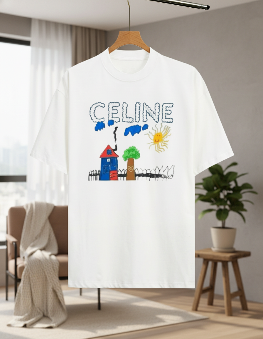 CELINE White Cotton T-Shirt Colorful House Sun Print