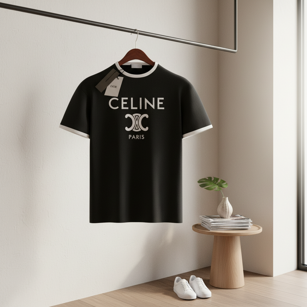 CELINE Paris Black Cotton Logo T-Shirt Unisex Fashion Tee