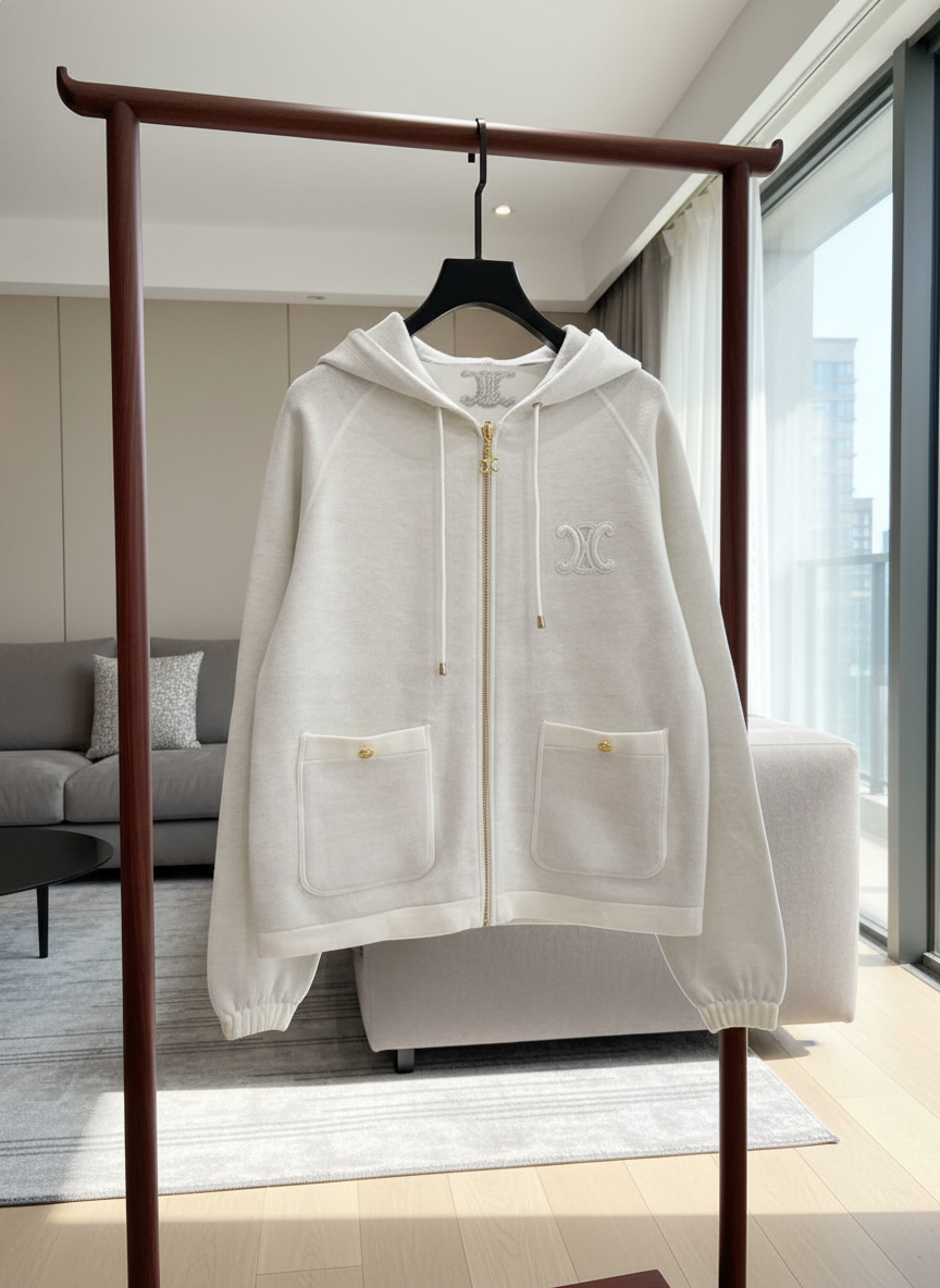 CELINE White Zip Hoodie Gold Logo Jacket