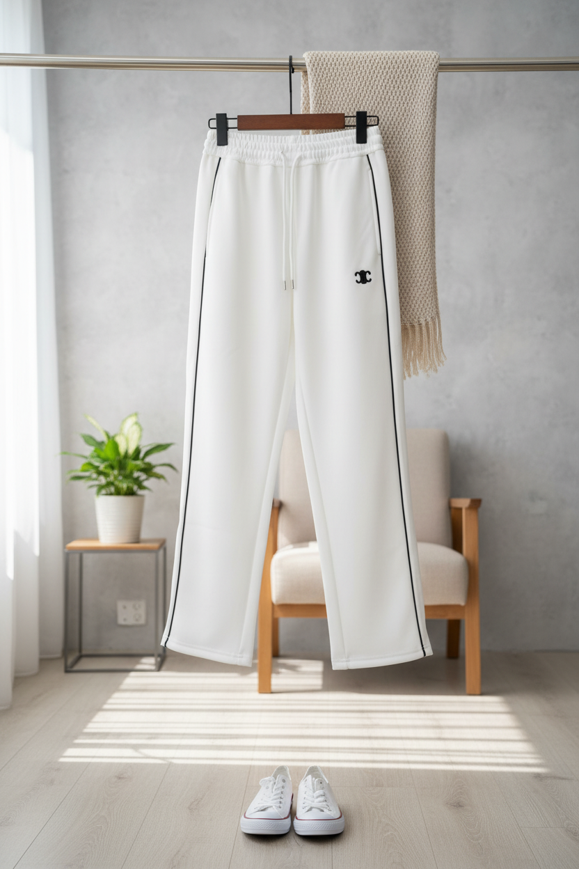 CELINE White Joggers Cotton Pants Black Piping