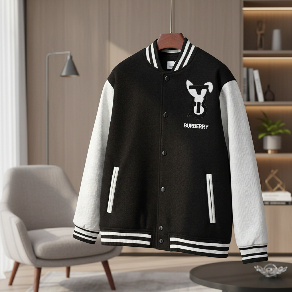 Burberry Men Varsity Jacket Black White Fashion