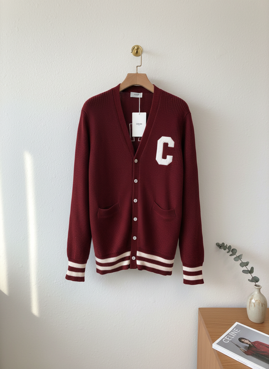 CELINE Burgundy Knit Cardigan Men V-Neck C Logo Sweater