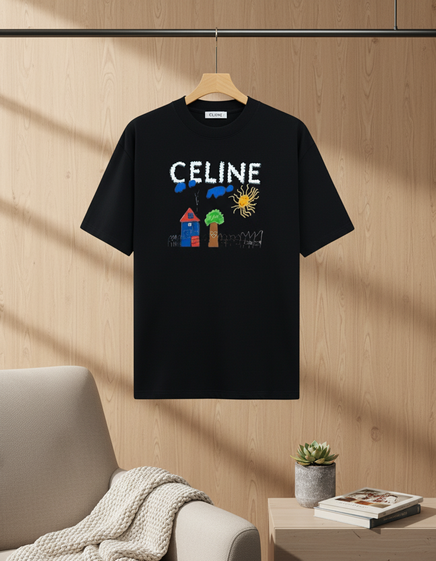 CELINE Black Graphic T-Shirt Childlike House Sun Print