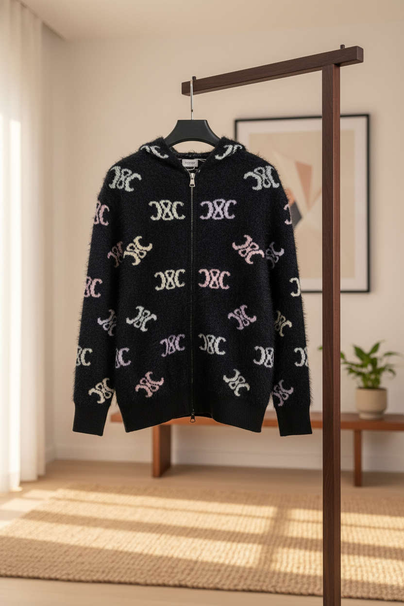 CELINE Triomphe Black Knit Hooded Zip Jacket