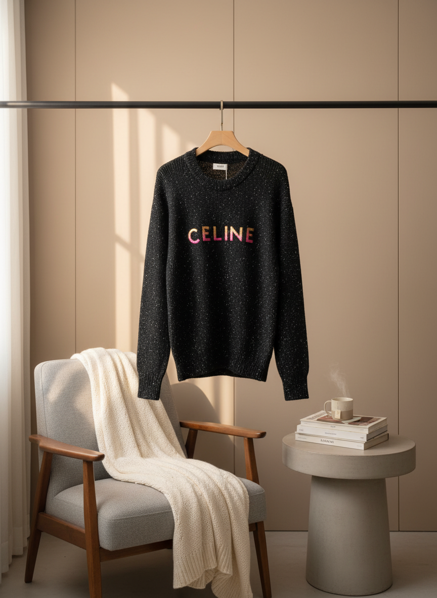 CELINE Black Speckled Knitted Hoodie