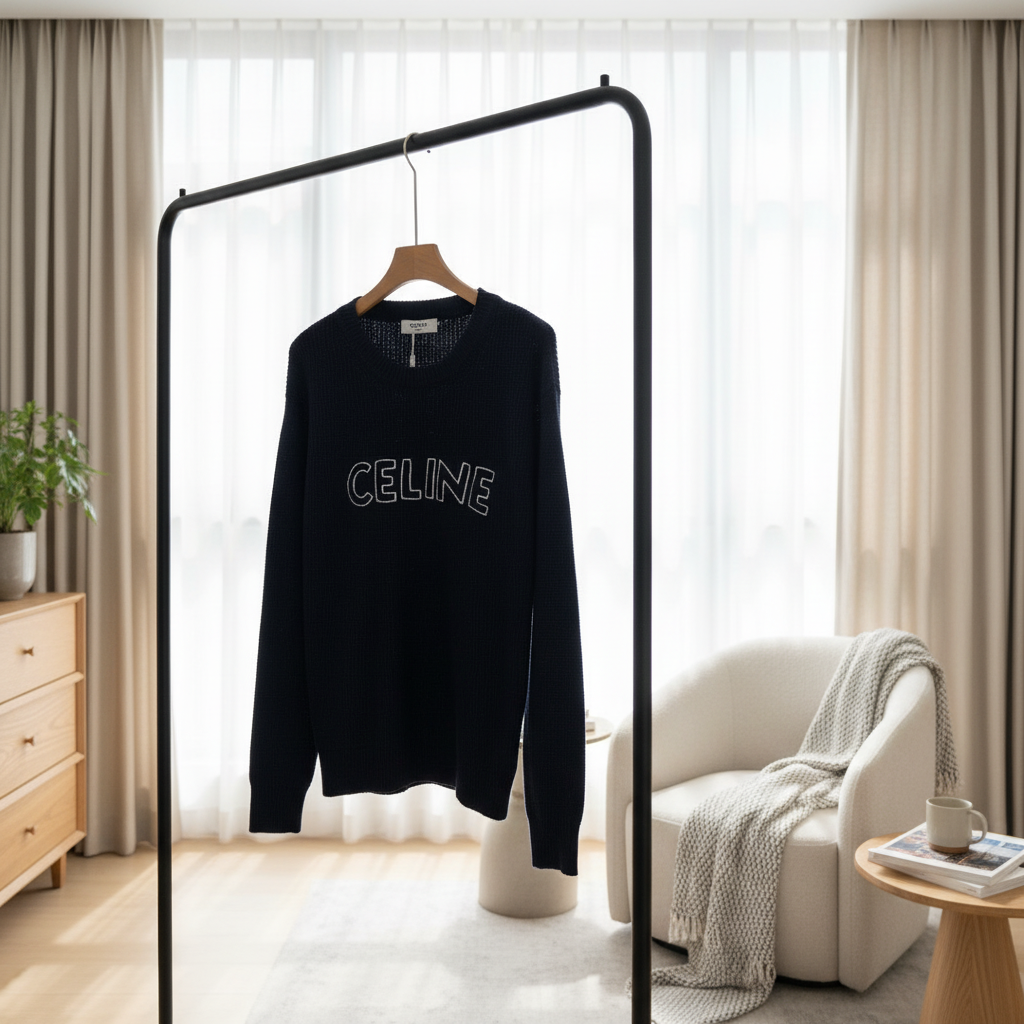 CELINE Navy Knit Hoodie Classic Logo Streetwear