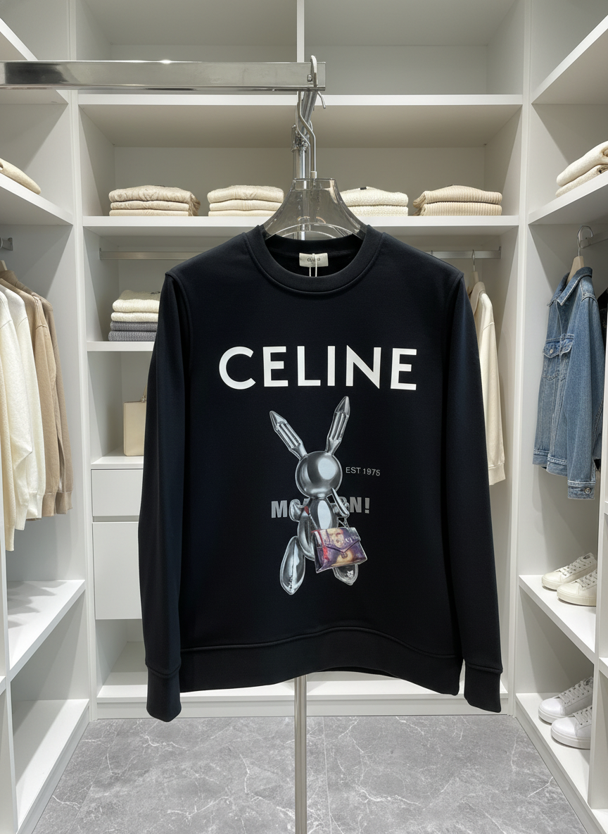 CELINE Black Metallic Bunny Print Unisex Hoodie