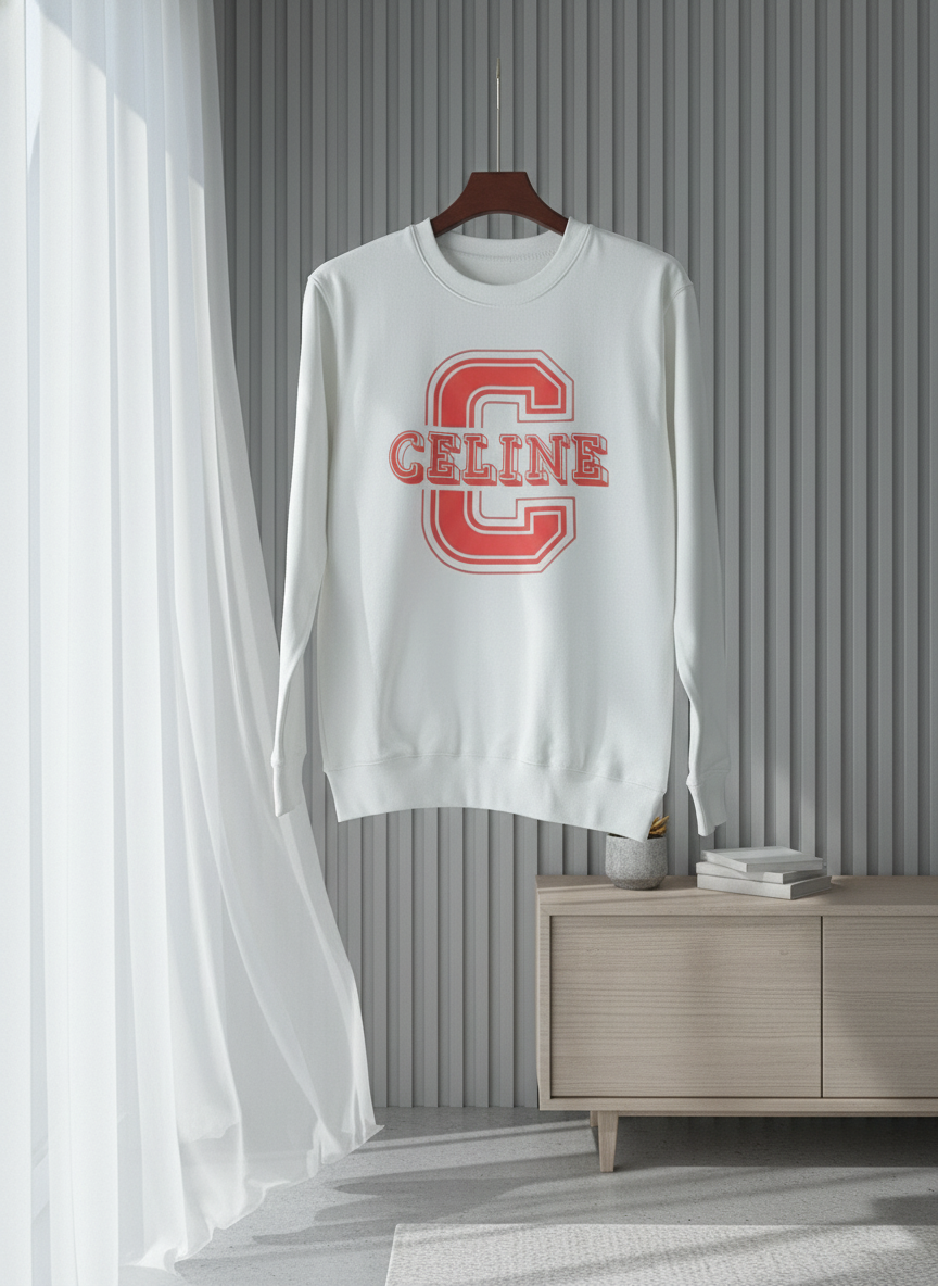 CELINE White Hoodie Red Logo Cotton Streetwear Sweater