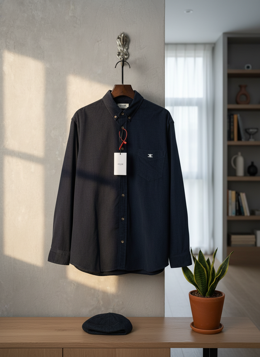 CELINE Men Black Cotton Logo Button Up Shirt
