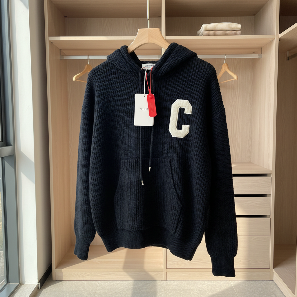 CELINE Black Wool C Logo Knit Hoodie Unisex Sweater