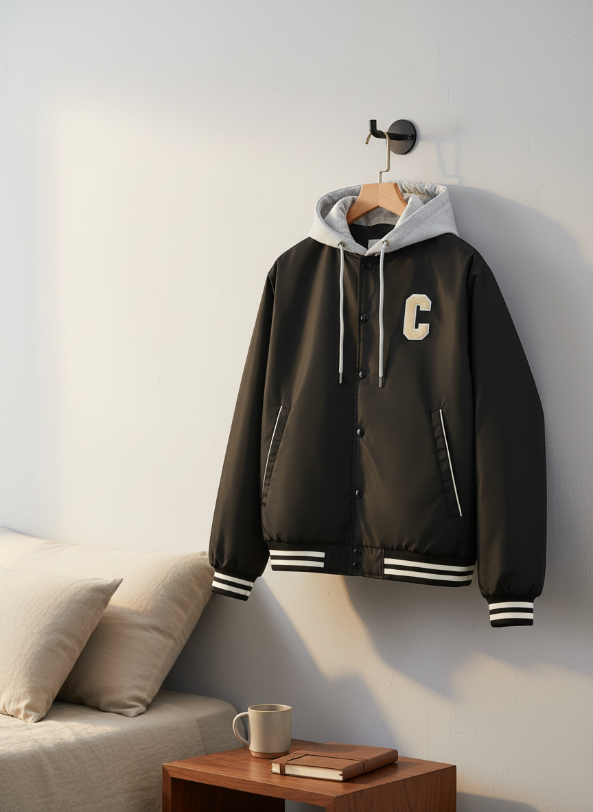 CELINE Men Black Varsity Jacket with Hood