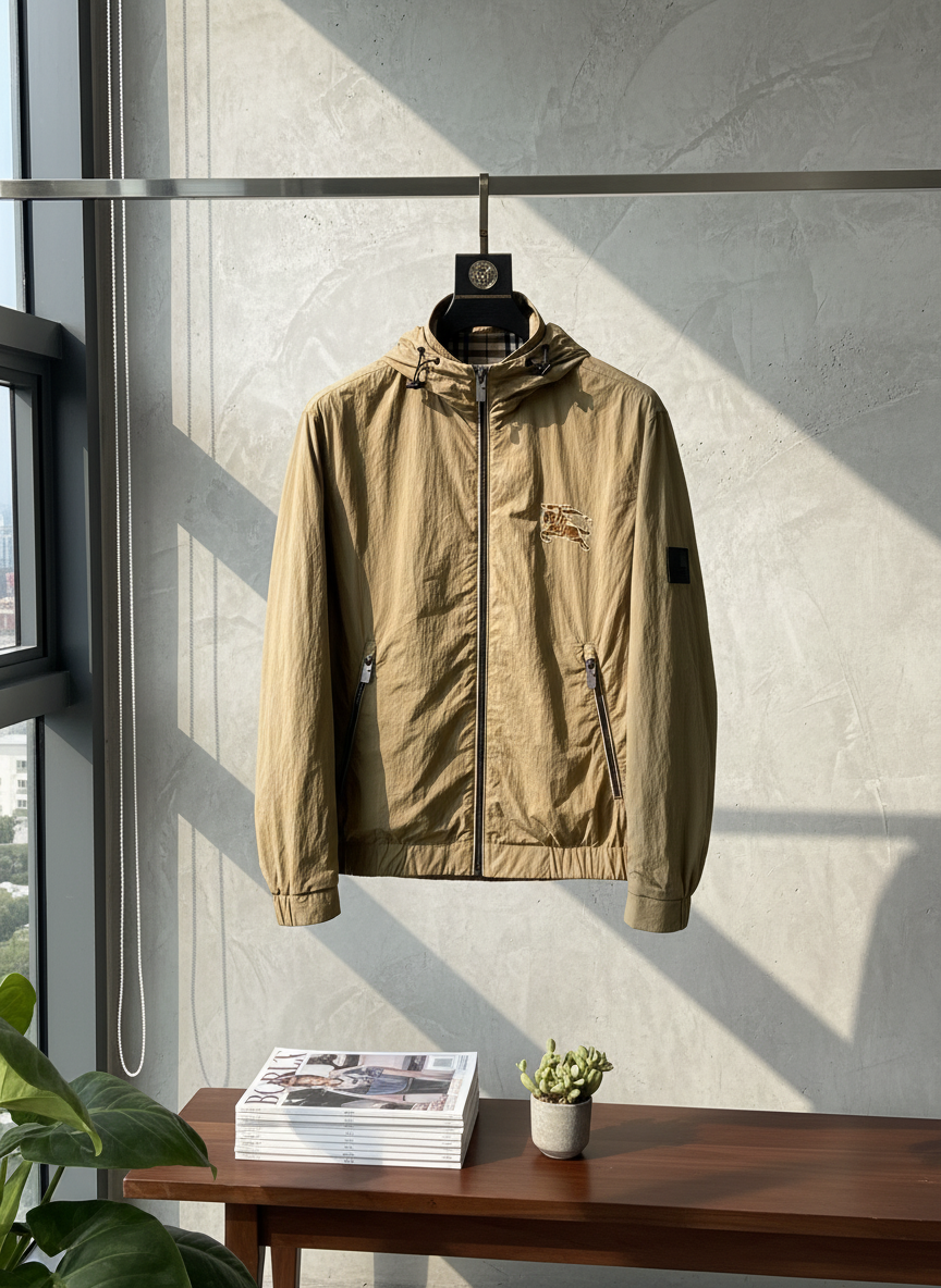 Burberry Men Beige Hooded Windbreaker Jacket Lightweight