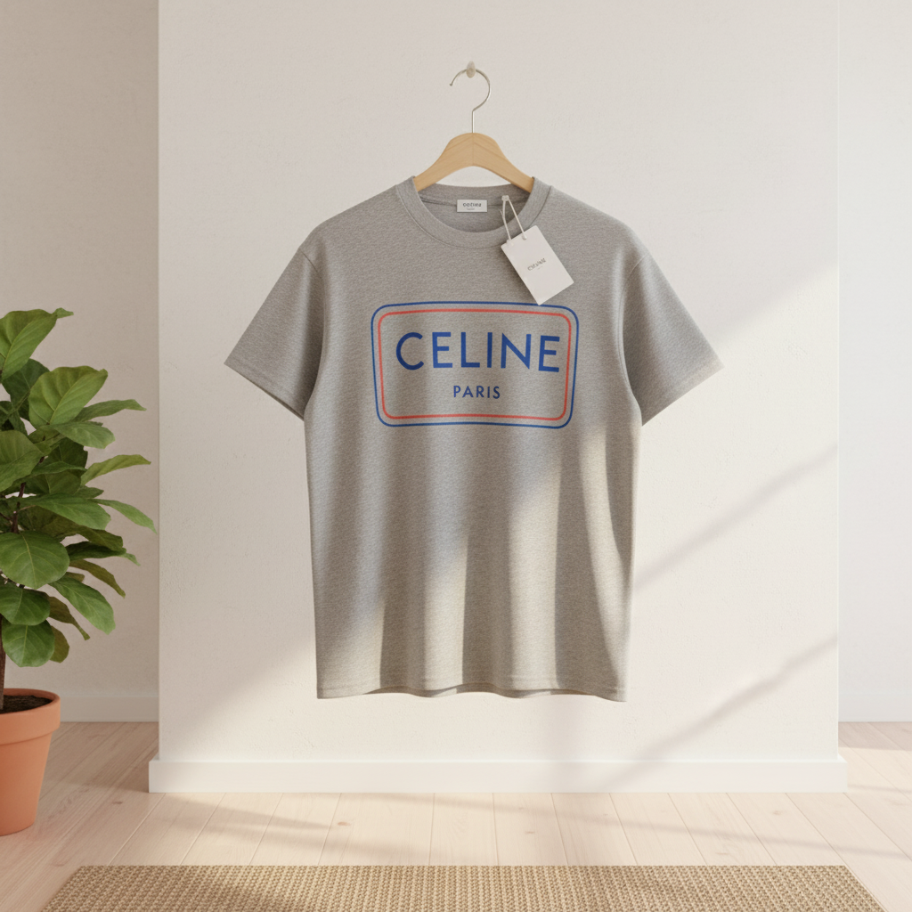 CELINE Paris Gray Logo Cotton T-Shirt