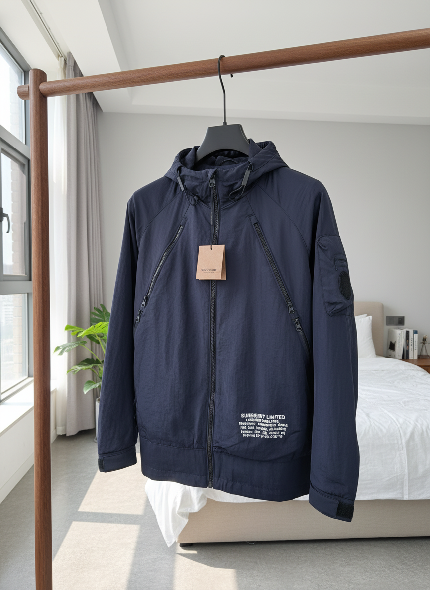 Burberry Men Navy Hooded Lightweight Windbreaker Jacket