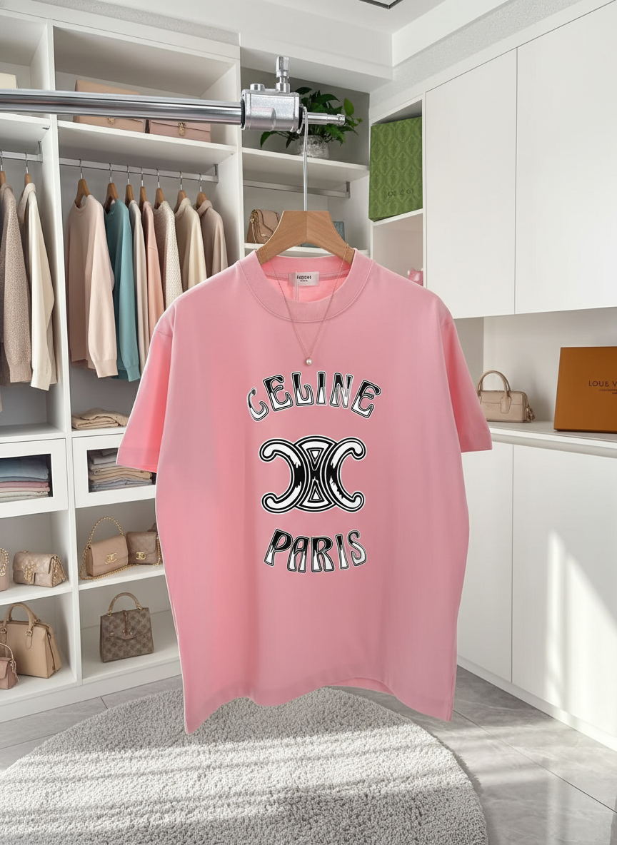 CELINE Paris Pink Triomphe Logo Unisex Cotton T-Shirt
