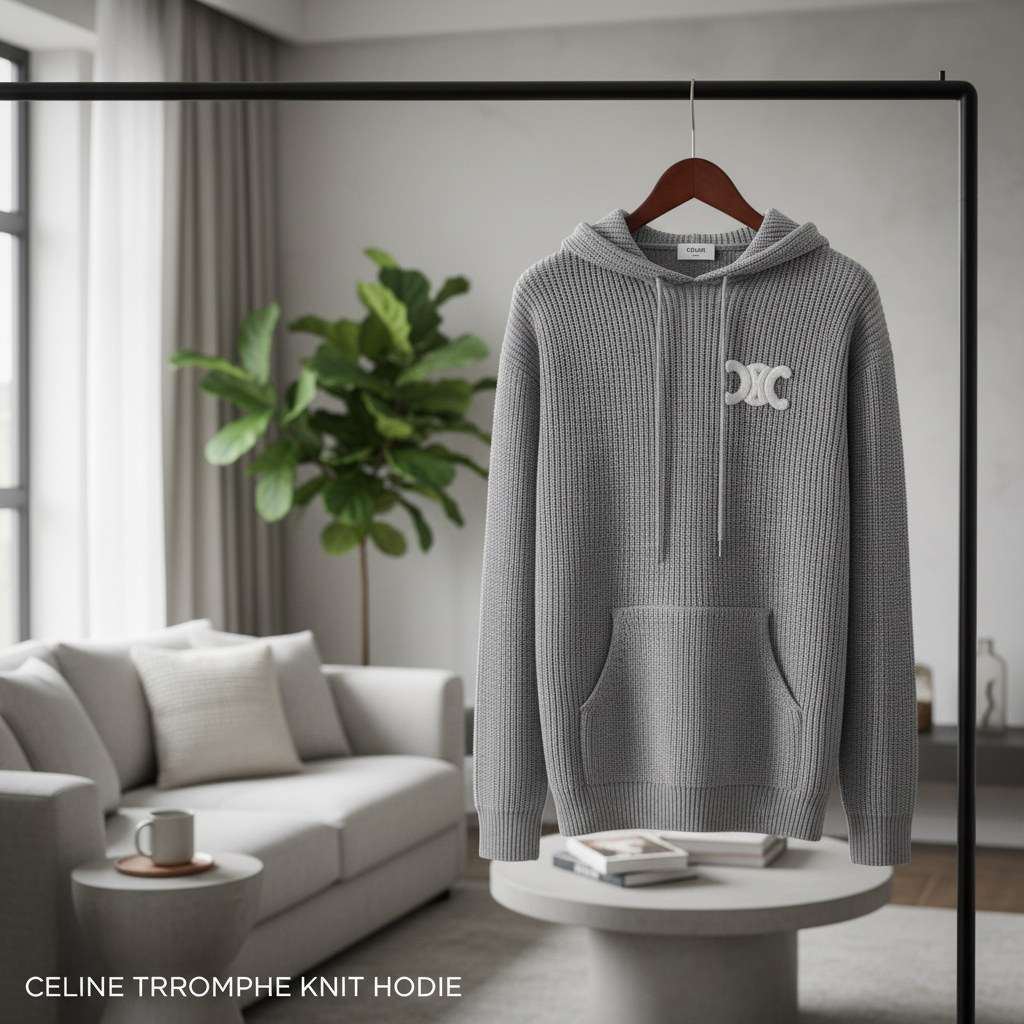 CELINE Triomphe Gray Wool Hooded Knit Sweater