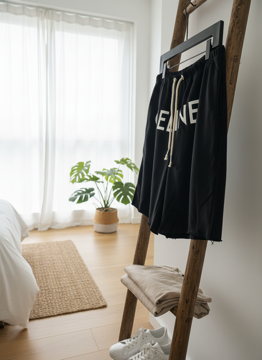 CELINE Men Black Cotton Drawstring Shorts