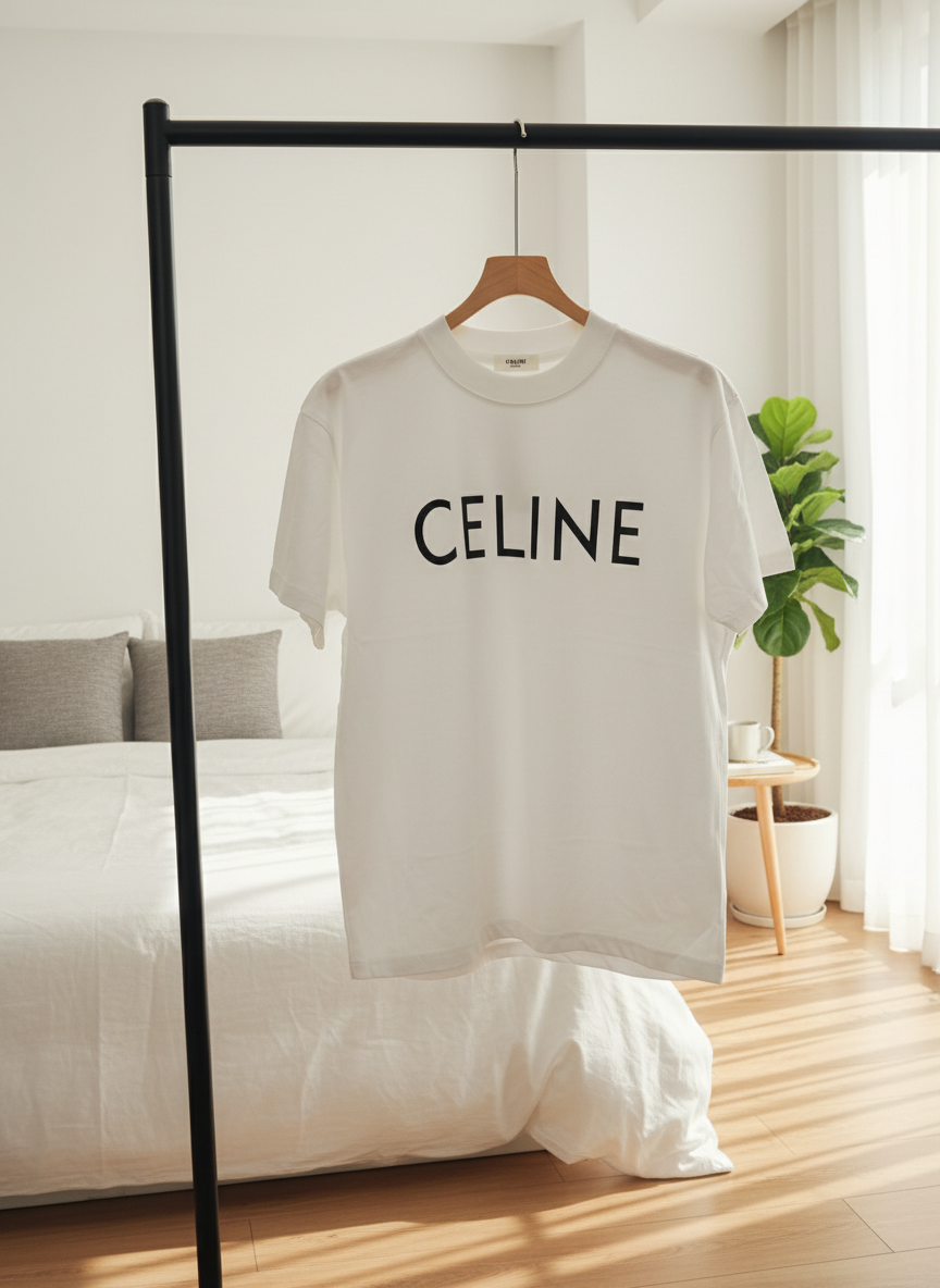 CELINE Logo Print White Cotton T-Shirt