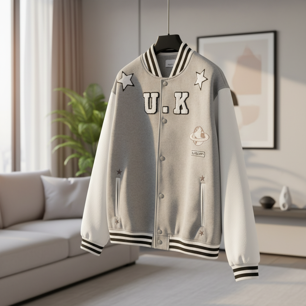 Burberry UK Varsity Jacket Gray White Wool Blend