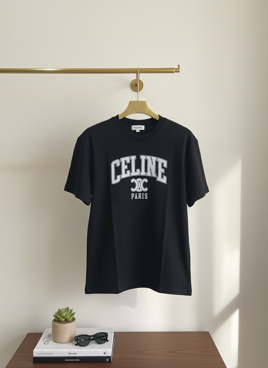 CELINE Paris Black Logo Cotton T-Shirt Streetwear Style