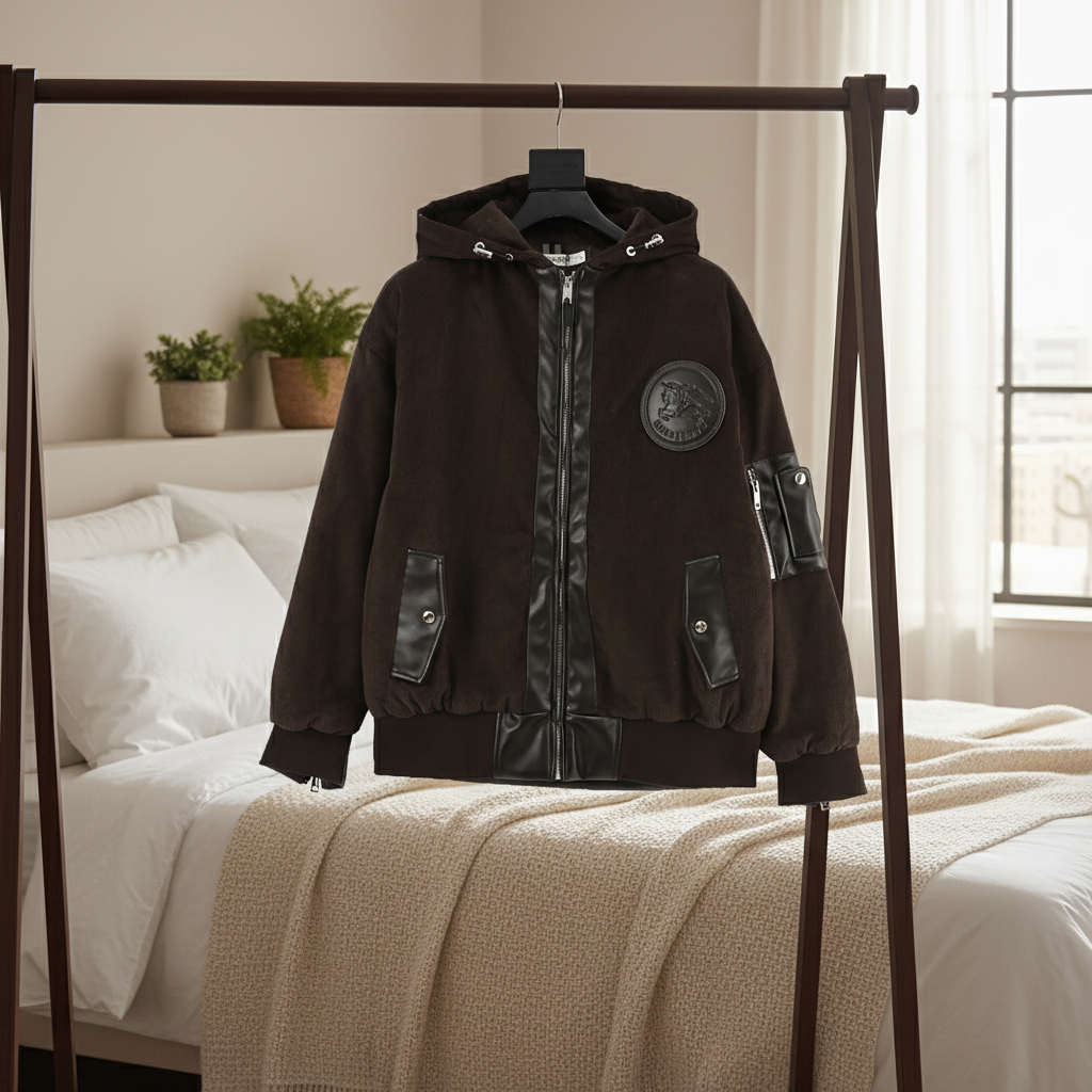 Burberry Men’s Brown Hooded Leather Patch Jacket