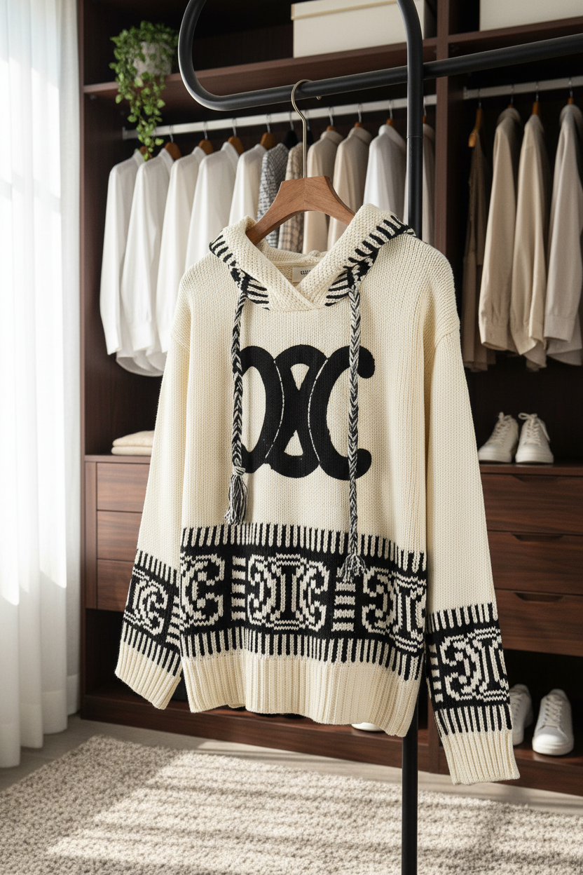 CELINE Triomphe Knit Hooded Sweater Unisex Black White