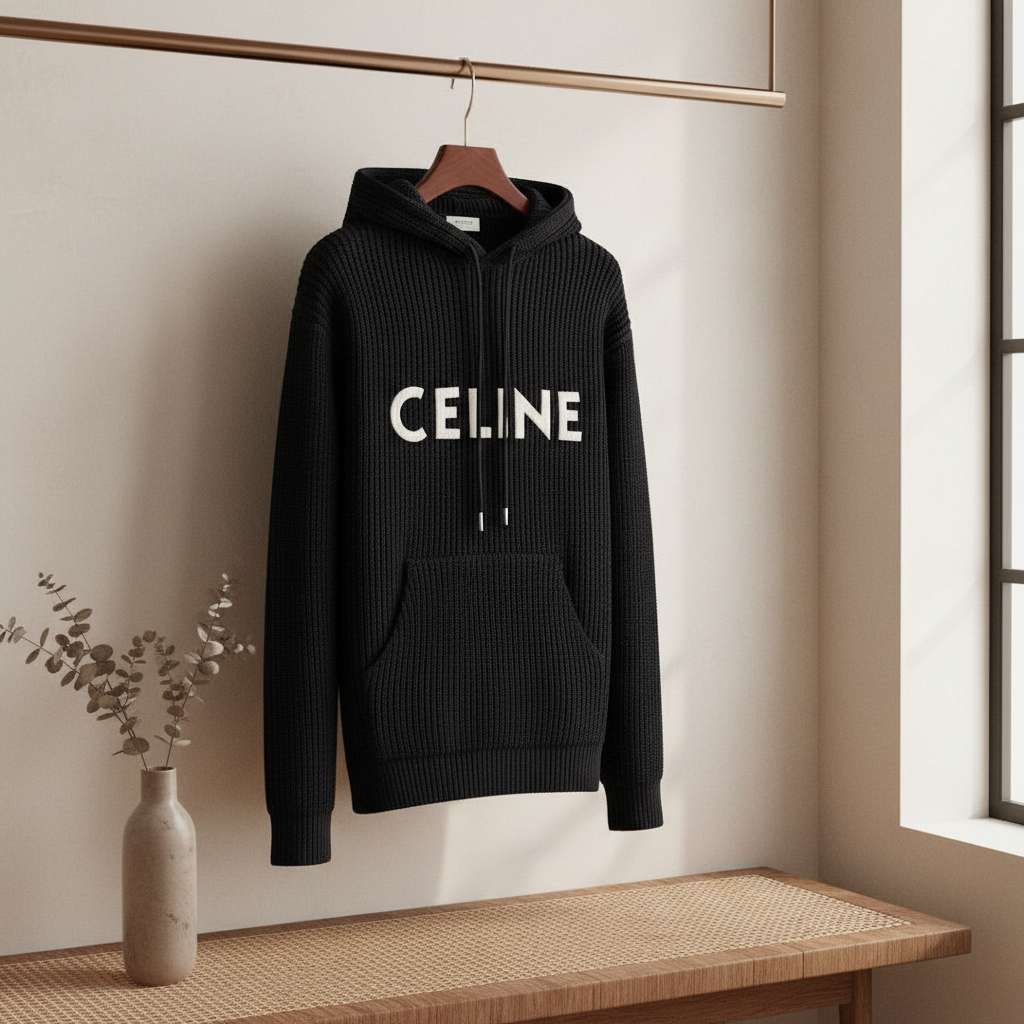CELINE Black Knit Hoodie Logo Streetwear Sweater