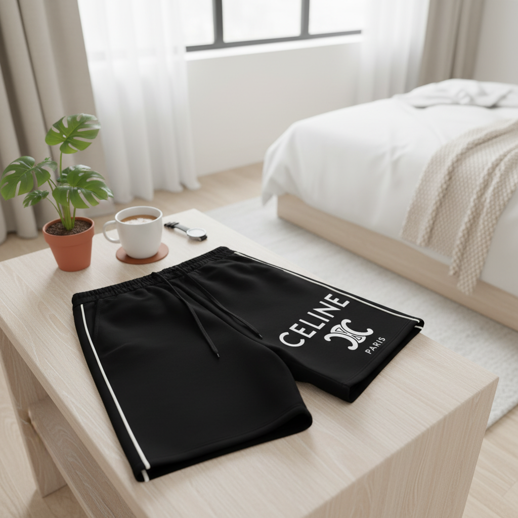 CELINE Paris Men Black Logo Side Stripe Shorts