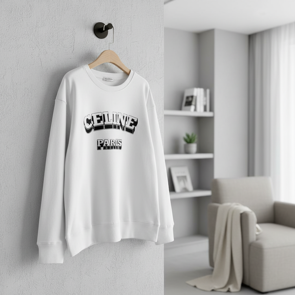 CELINE Paris White Cotton Logo Pullover Hoodie