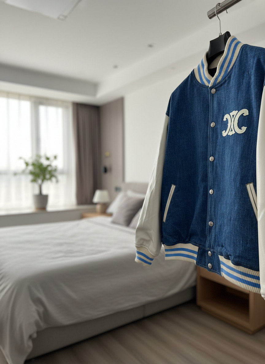 CELINE Denim Varsity Jacket White Leather Sleeves Unisex