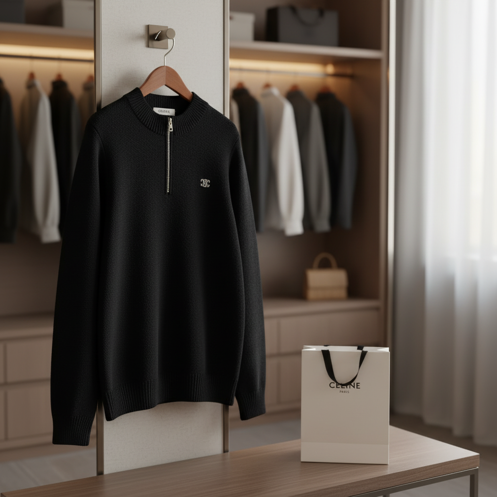 CELINE Black Knit Half Zip Hoodie