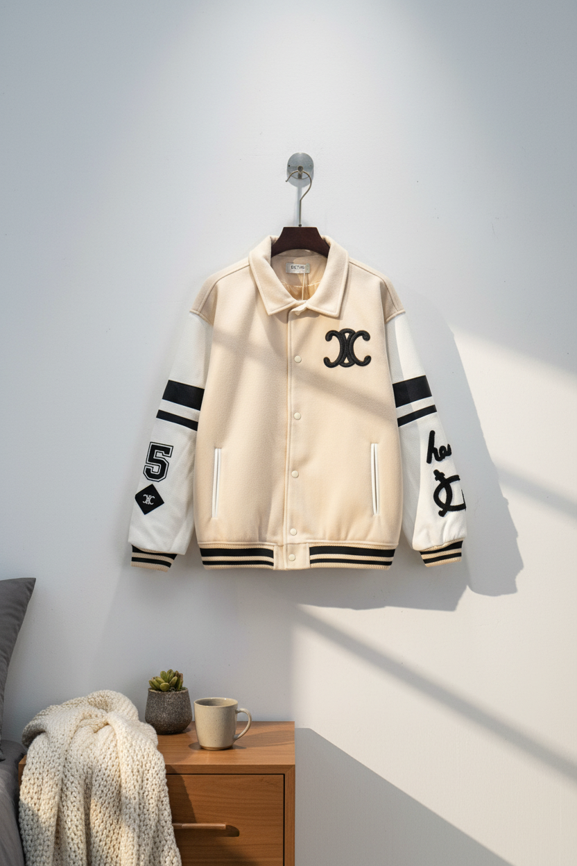 CELINE Beige Varsity Jacket Men Streetwear