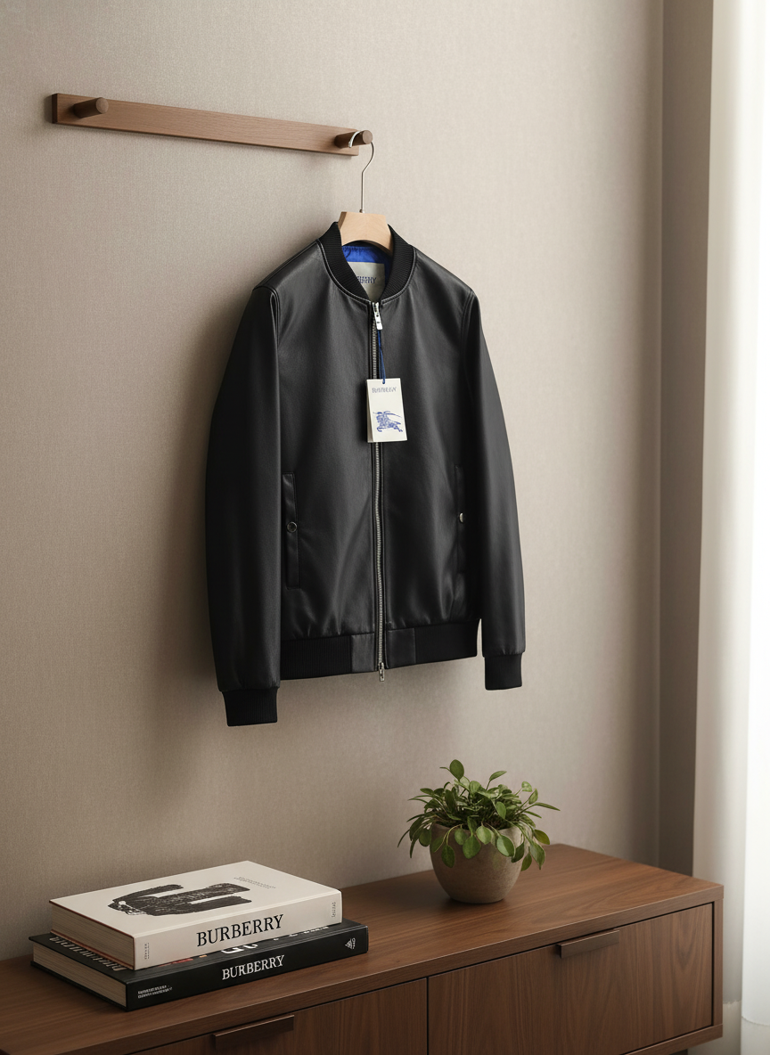 Burberry Men Black Leather Bomber Jacket Casual Luxury