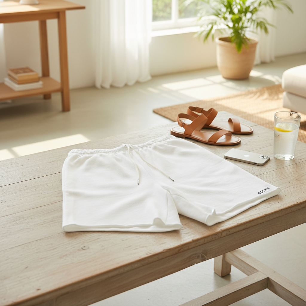 CELINE White Cotton Drawstring Summer Shorts