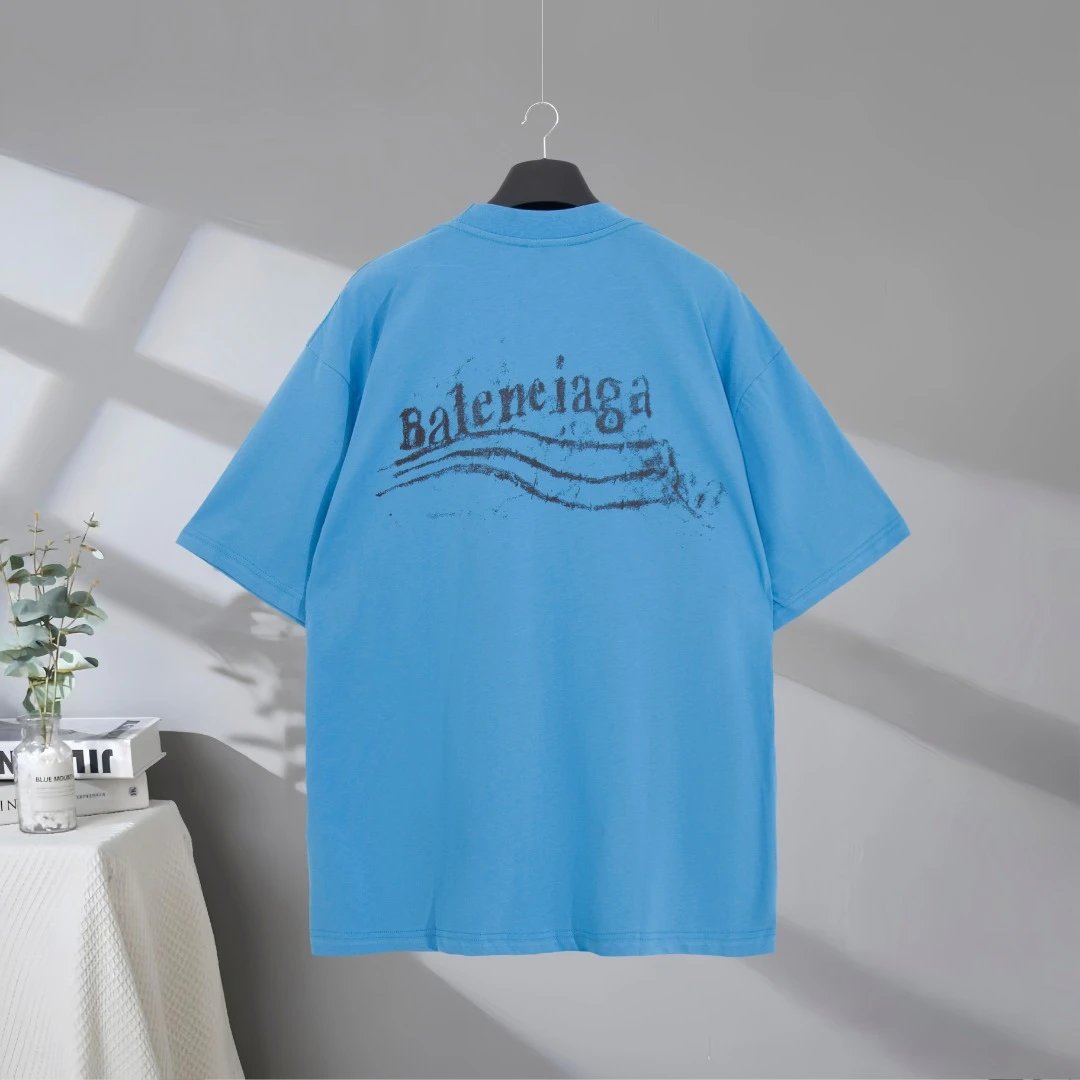 Balenciaga Blue Wave Logo Oversized Cotton T-Shirt
