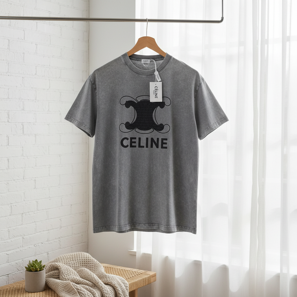 CELINE Vintage Gray Logo T-Shirt Men Cotton