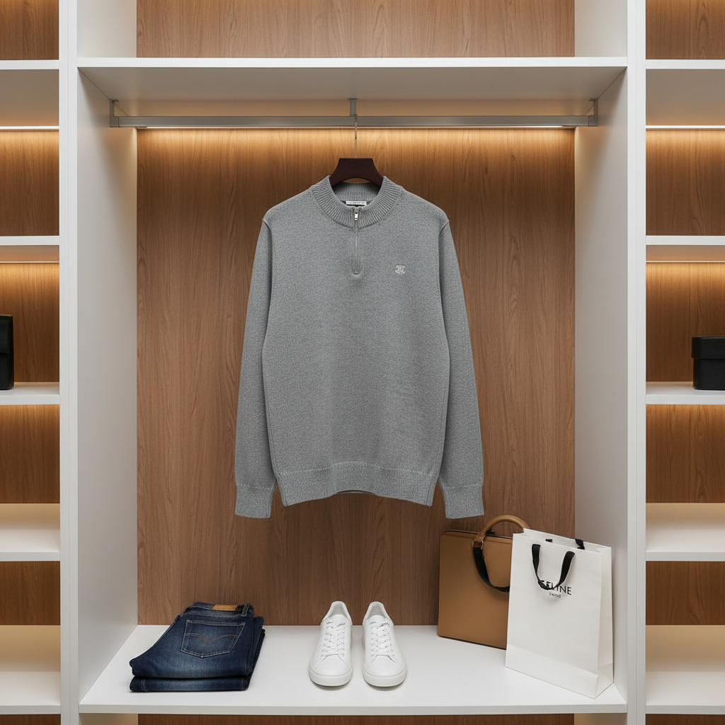 CELINE Gray Half Zip Knit Hoodie Men’s Luxury Sweater
