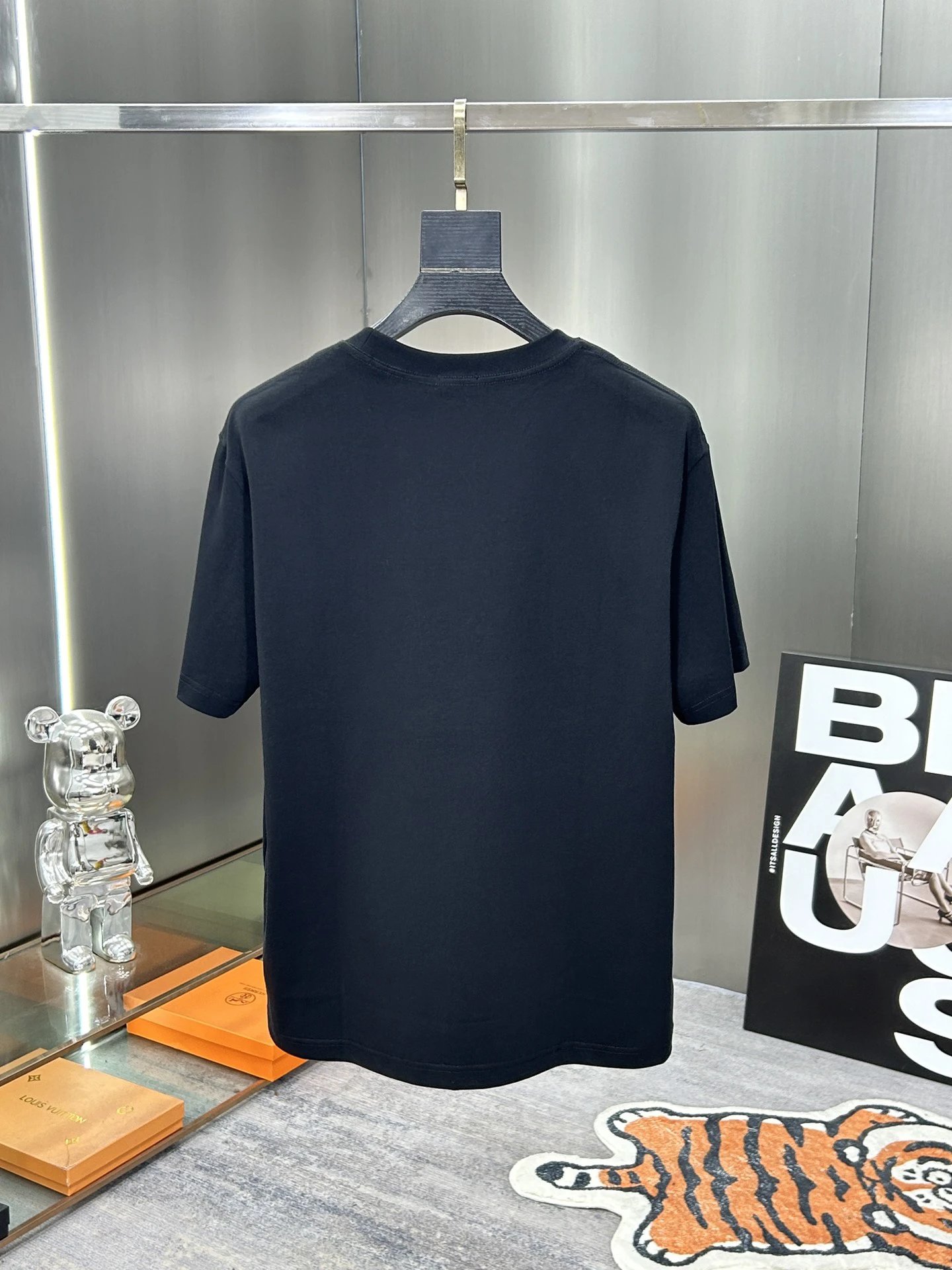 Burberry Men Black Cotton T-Shirt Blue Logo