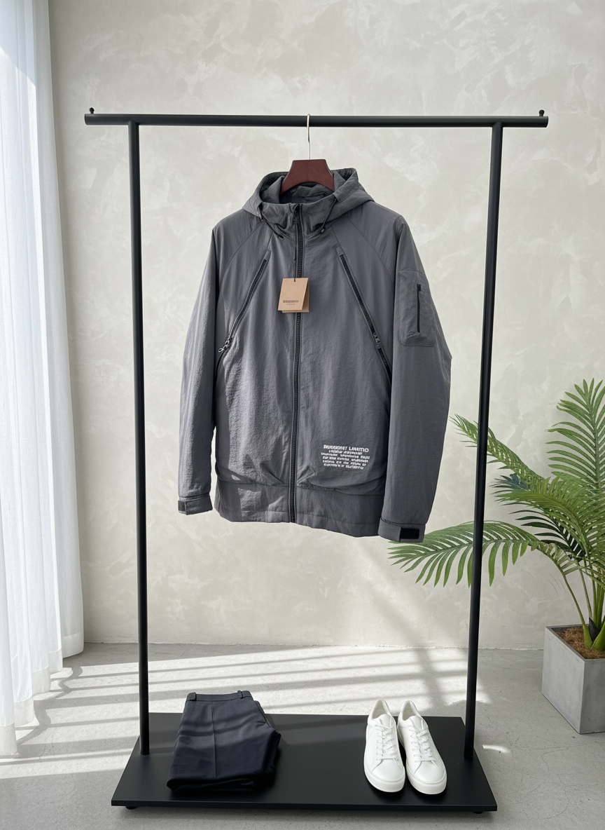 Burberry Men’s Lightweight Hooded Windbreaker Jacket Gray