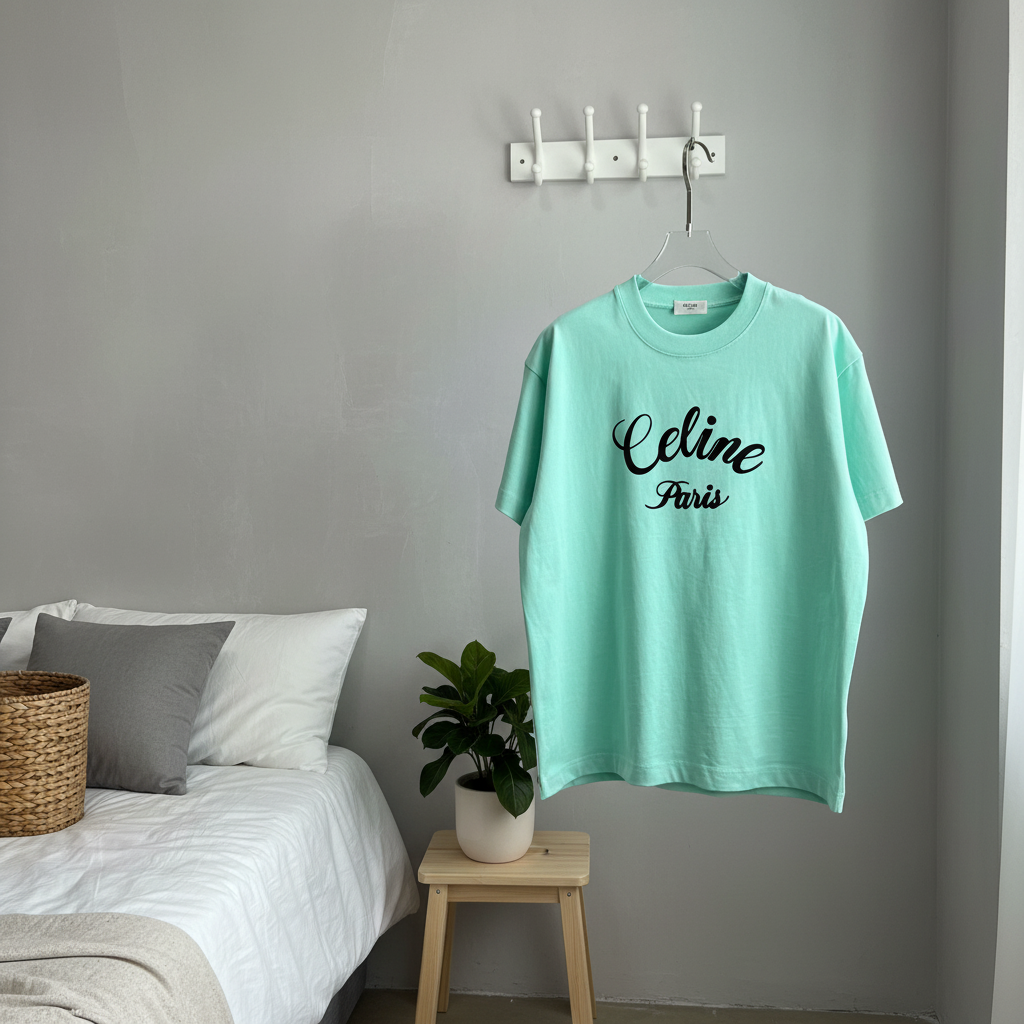 Celine Paris Mint Green Oversized Logo Cotton T-Shirt
