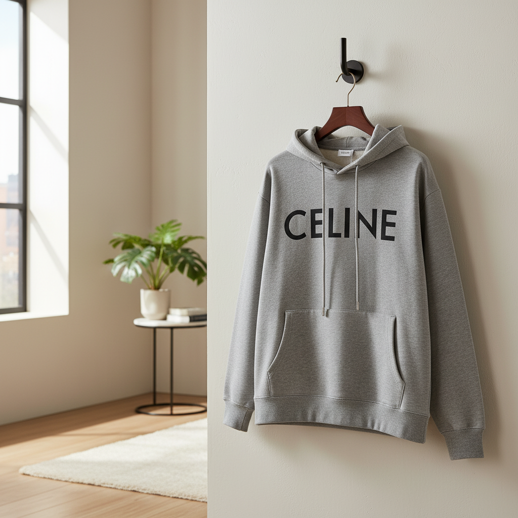 CELINE Gray Logo Cotton Hooded Sweatshirt