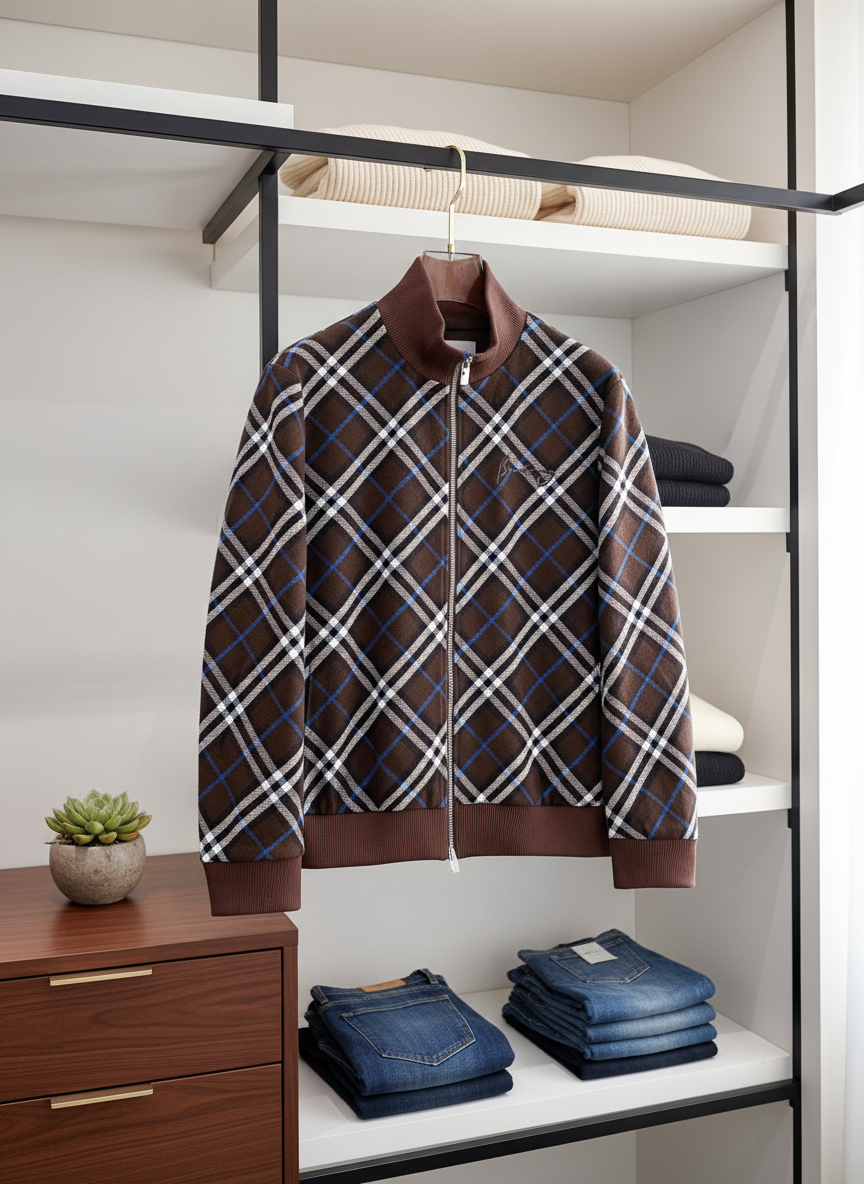 Burberry Men Brown Plaid Zip Up Jacket
