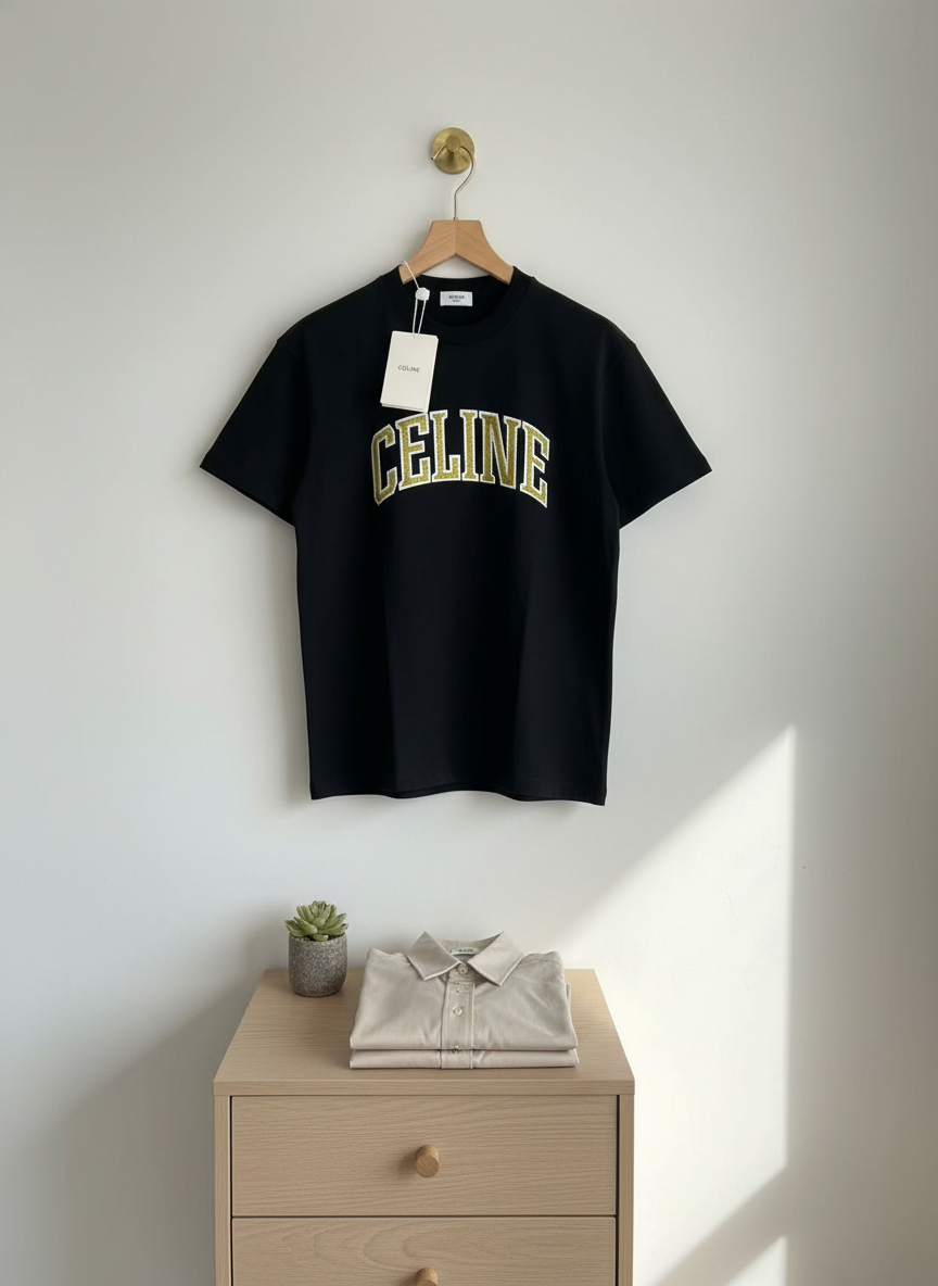 CELINE Black Logo Unisex Cotton T-Shirt Fashion Top