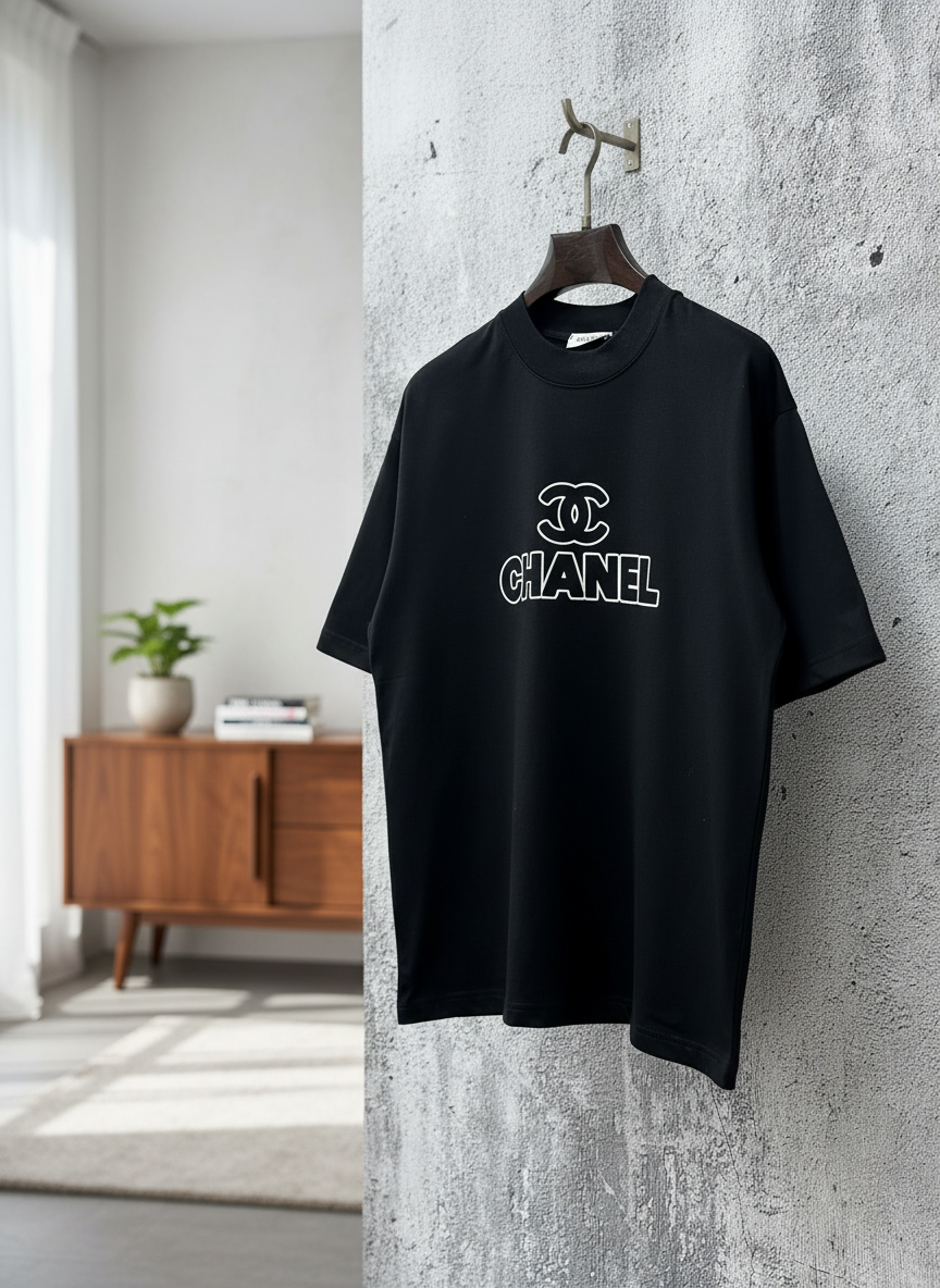 CHANEL Black Cotton Logo Round Neck T-Shirt