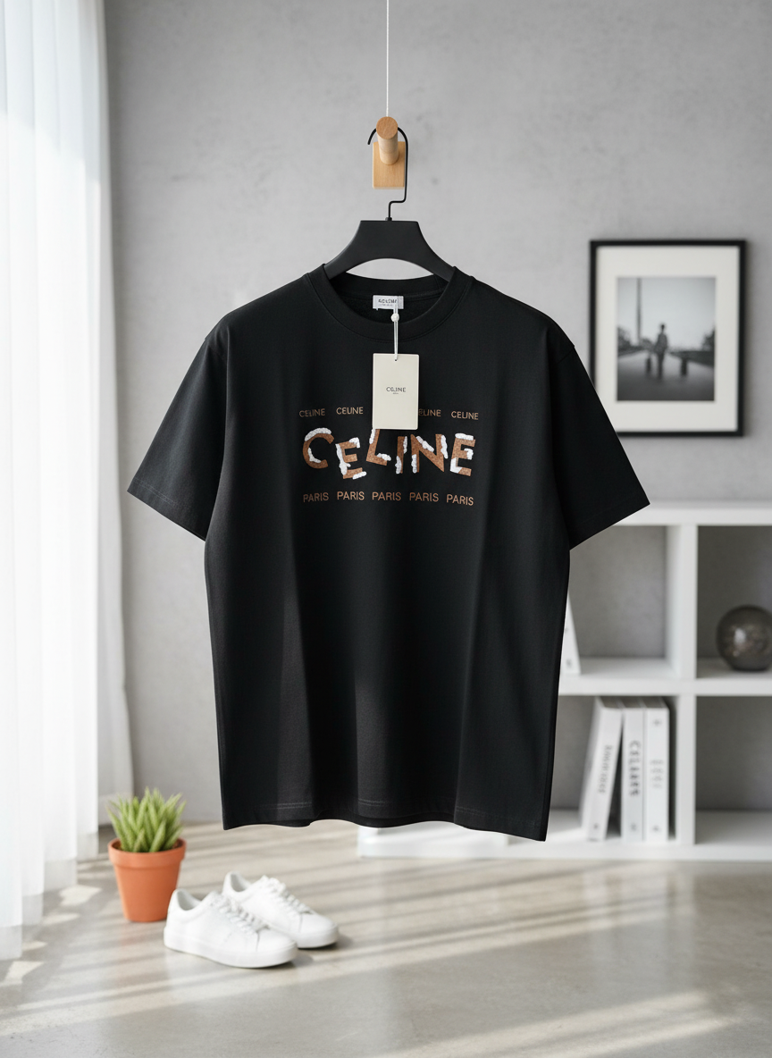CELINE Black Logo T-Shirt Unisex Cotton Streetwear Top